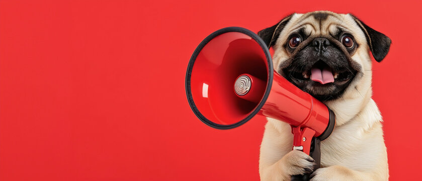 Cute pug puppy with red megaphone, funny animal shouting announcement concept, isolated vibrant background pet communication, adorable canine speaker promotion