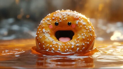 Cheerful donut character floating in syrupy sauce