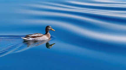 A single duck swims calmly on the surface of bright blue water, creating gentle ripples. The duck's reflection is visible below, and the water has a smooth, wav