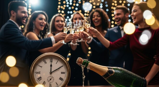 A group of diverse young adults celebrate at a corporate Christmas and New Year party. They toast with champagne glasses, surrounded by festive decorations and a clock. - Powered by Adobe