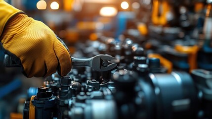 Gloved hand using an adjustable wrench to tighten bolts on complex metal machinery in a dimly lit factory, focused and precise maintenance
