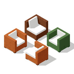Isometric view of four colorful cube shaped armchairs with white cushions.