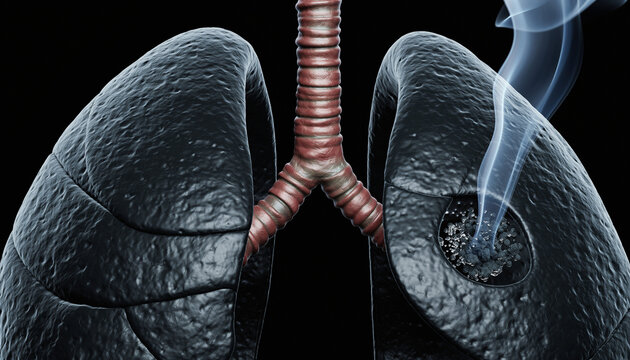 A striking, close-up 3D visualization of two human lungs and the trachea, showing a heavily textured black surface and a necrotic cavity with smoke rising from it, conveying themes of severe health da