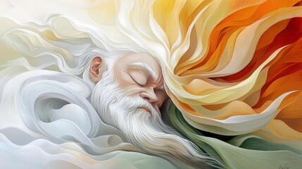An elderly man with a long white beard sleeps with his eyes closed, surrounded by flowing, colorful abstract shapes resembling waves or clouds, in a dreamlike,
