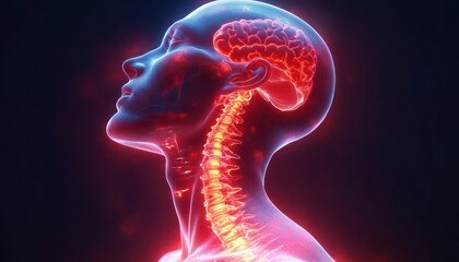 translucent side profile of a human head and neck with a glowing brain and illuminated spinal column conveying calm introspection