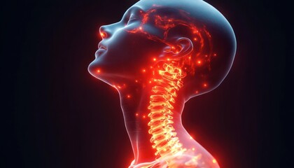 translucent wireframe human head and neck with glowing cervical spine and scattered neural nodes, warm red energy flowing along nerves and a serene upward gaze