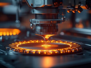 Close-up of a precision metal nozzle depositing glowing molten material onto a circular platform surrounded by orange ring lights, evoking intense focused high-tech manufacturing