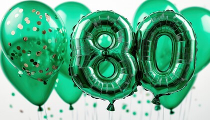 Shiny green foil balloons forming 80 surrounded by green latex balloons with gold confetti, bright festive joyful celebration decoration