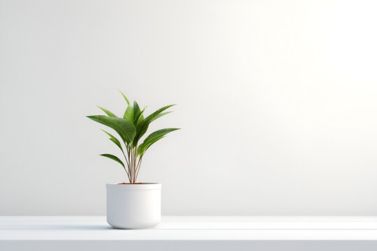 Serene Plant in Pot: A single potted plant graces a minimalist setting, its lush green leaves providing a serene contrast to a clean, understated backdrop, evoking a sense of calm and simplicity. - Powered by Adobe