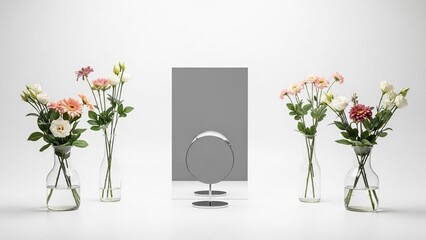Minimalist floral arrangement with round mirror and mixed flowers in clear glass vases on a clean white background