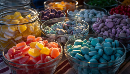 Sweet Temptations Await With Rainbow Candies in Glass Bowls, A Colorful Array of Delicious Treats for Parties, Celebrations, and Joyful Moments