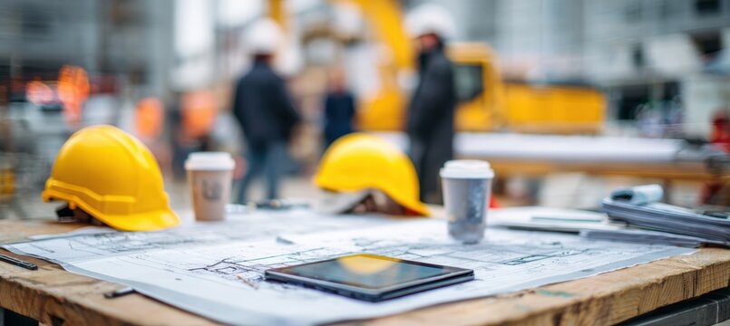 Construction Professionals Reviewing Plans at Active Site with Helmets and Coffee