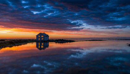 Dreamy coastal home glows warmly at sunset, perfect for travel, real estate, or peaceful retreat promotions with vibrant sky and serene water reflections