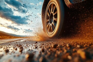 Low-angle close-up of a car wheel throwing gravel and dust on a wet dirt road at sunset under a dramatic cloudy sky, conveying speed, power and adventurous motion