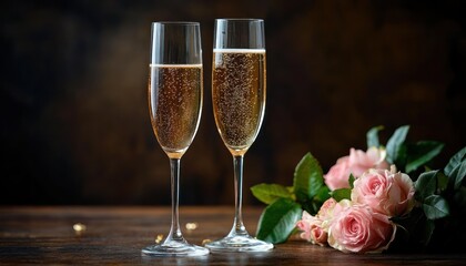 Two tall champagne flutes filled with sparkling wine beside a small bouquet of pink roses on a wooden table, warm intimate romantic celebration mood