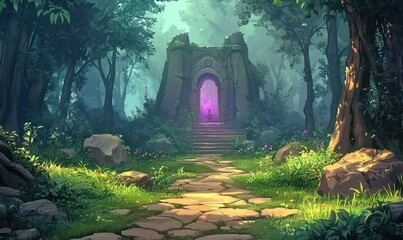 Sunlit forest path winding past mossy rocks and wildflowers to an ancient stone archway with steps and a glowing purple portal on a small pedestal, evoking tranquil mystery