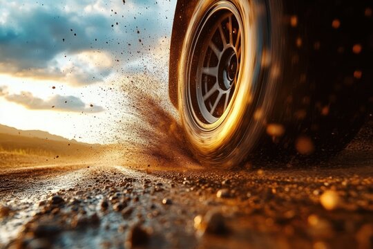 close-up of a spinning car wheel kicking up mud and gravel on a dirt road at sunset conveying power and exhilaration - Powered by Adobe