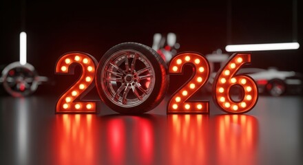 2026 New Year Automotive Banner with Wheel Zero — Red Car Service Background