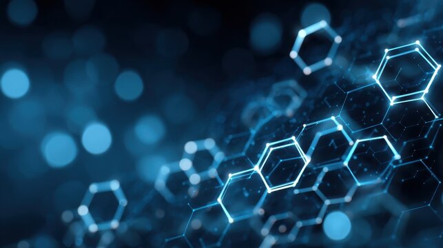 Blue abstract hexagonal geometric pattern with glowing lines and bright bokeh effect for technology and science backgrounds - Powered by Adobe