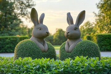Two whimsical rabbit topiary sculptures peeking from rounded boxwood mounds in a manicured garden at sunset, serene playful atmosphere