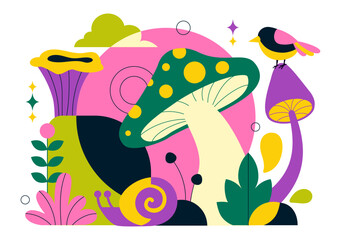 Mushrooms Vector Illustration Featuring Different Mushrooms, Grass And Insects In A Flat Style Cartoon Background