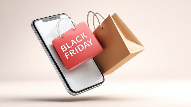 Floating smartphone with shopping bags featuring Black Friday sale tags, showcasing modern retail trends and digital shopping experiences