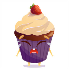Vector illustration of a crying cake. Cake, character, vector, crying, tears, upset, grief