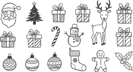 Christmas Doodle Set. Vector hand drawn illustrations of Santa Claus, Snowman, Reindeer, gifts, tree, and ornaments in black and white outline.