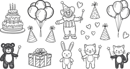 Hand Drawn Birthday Party Doodle Set. Vector illustrations of cake, balloons, clown, gifts, and cute animals in black and white outline style.