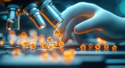 Gloved hand arranging glowing nanoparticle spheres on a microscope slide beneath metal objective lenses, conveying meticulous scientific curiosity and careful discovery