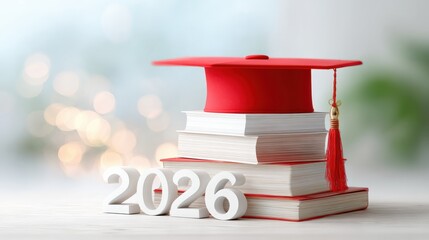 Graduation hat with red tassel placed on a stack of books, symbolizing academic achievement and celebration of educational milestones