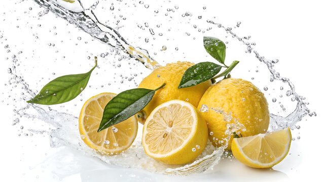 Fresh bright yellow lemons with vibrant green leaves and water splash - Powered by Adobe