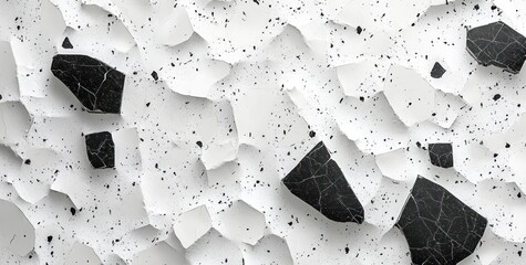 peeling white surface with torn layers revealing black cracked fragments and speckled debris, stark high-contrast texture conveying fragmentation and tension