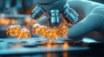 Gloved hand holding transparent spheres of glowing orange microclusters under a microscope in a futuristic laboratory close-up evoking curiosity and scientific discovery