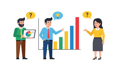 Business team collaborates to analyze data on a bar chart, discussing ideas and addressing questions during a strategic meeting for problem-solving and growth