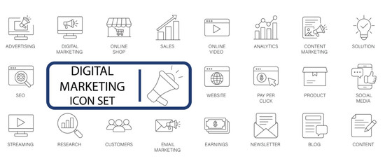 Digital Marketing line icon set. Covers SEO, Social Media, Analytics, Content Marketing, PPC, and Sales for modern business