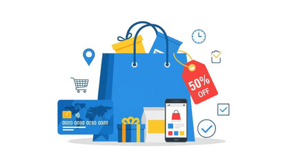Shopping Bag With Credit Card and Gift Box, Mobile Phone Displaying 50% Off Tag, Online Shopping Concept