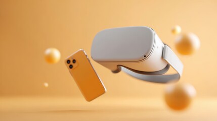 Floating VR headset and mobile phone in a vibrant setting, showcasing modern technology and innovation in a captivating visual display