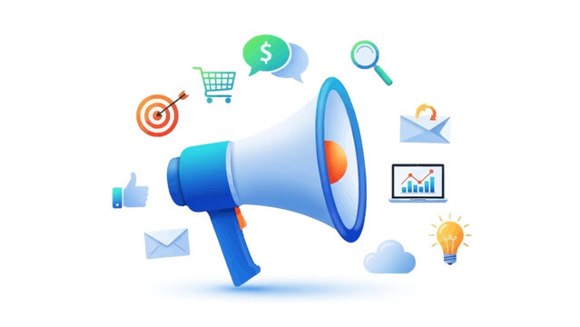 Digital marketing megaphone with icons representing online business strategy and advertising