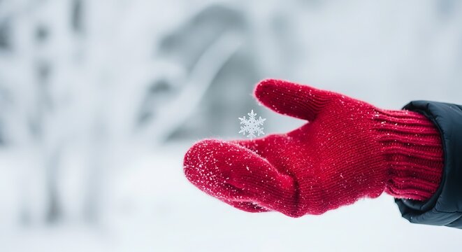 Close up of a single perfect snowflake resting on a bright red woolen mitten in winter