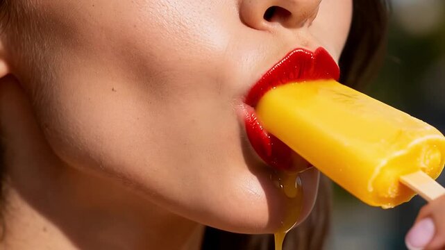 Woman's Glossy Red Lips Eating Yellow Popsicle with Dripping Juice in Close-Up