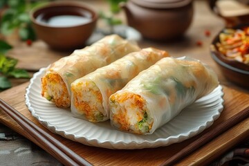 Three fresh translucent rice paper rolls filled with rice, shredded carrots and herbs on a white scalloped plate with chopsticks and tea, inviting and appetizing