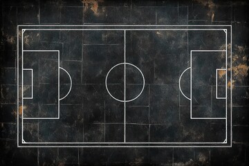Fototapeta premium chalk-drawn soccer pitch on worn dark textured tiles with center circle, penalty boxes and goals, conveying a gritty nostalgic mood