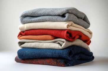neatly folded stack of knit sweaters in gray, cream, red, orange, beige and blue on a neutral background, evoking a cozy and inviting feel