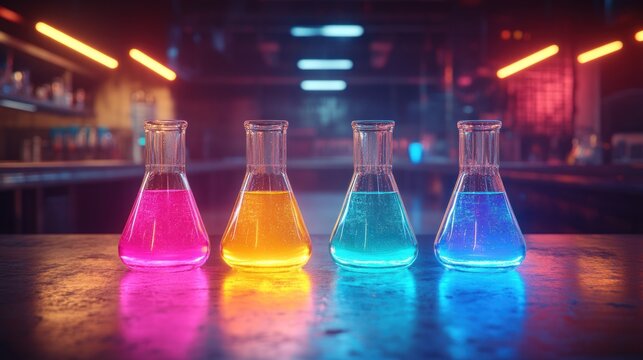 Colorful beakers in a futuristic lab - Powered by Adobe