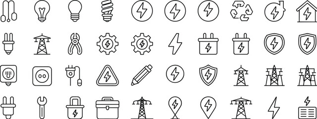 Energy icons set featuring electricity symbols, power supply elements, renewable energy signs, battery technology, industrial utilities, minimal line style, vector illustration