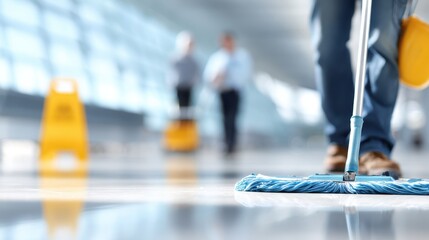 Professional cleaning service in action, mopping a shiny floor in a busy environment, showcasing the importance of cleanliness and maintenance