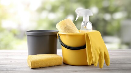 Professional cleaning supplies arranged on wooden surface, featuring yellow gloves, spray bottle, and bucket, ideal for cleaning services and home maintenance