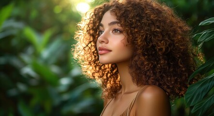 Backlit woman with voluminous curly hair among lush green foliage, wearing a thin strap top, bathed in warm golden sunlight with a serene, contemplative mood