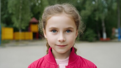 Girl child portrait outdoor park summer smiling blue eyes braided hair happiness concept youth caucasian casual red jacket pink shirt soft light natural light daytime background bokeh greenery